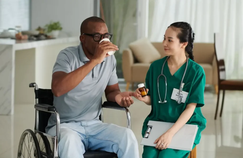 Care worker assisting elderly person with personal hygiene at home in Darling Point Sydney