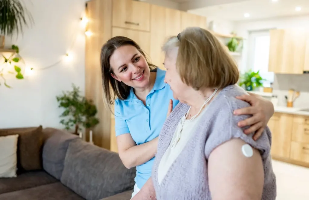 Nurse monitoring chronic health conditions for elderly client at home in Bankstown