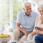 6 facts about diabetes in Australia including type 1 type 2 and gestational diabetes. Nurse checking blood glucose levels of an elderly diabetic patient during a home care visit in Sydney