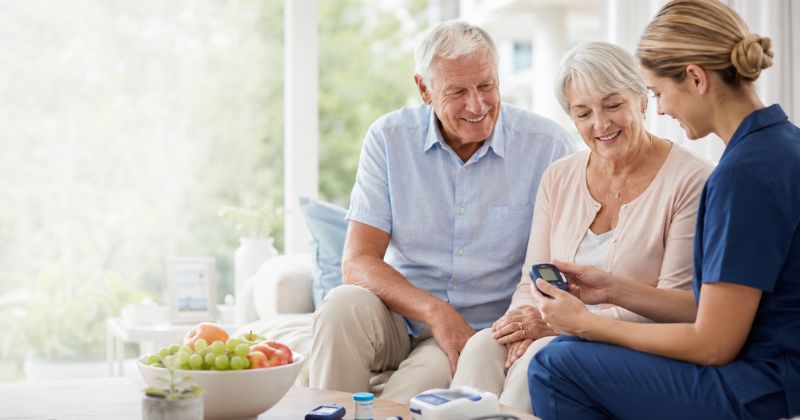 6 facts about diabetes in Australia including type 1 type 2 and gestational diabetes. Nurse checking blood glucose levels of an elderly diabetic patient during a home care visit in Sydney