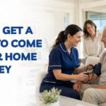 Registered nurse checking an elderly Australian man's blood pressure during a professional home nursing visit in a modern Sydney home while a family member watches with reassurance.