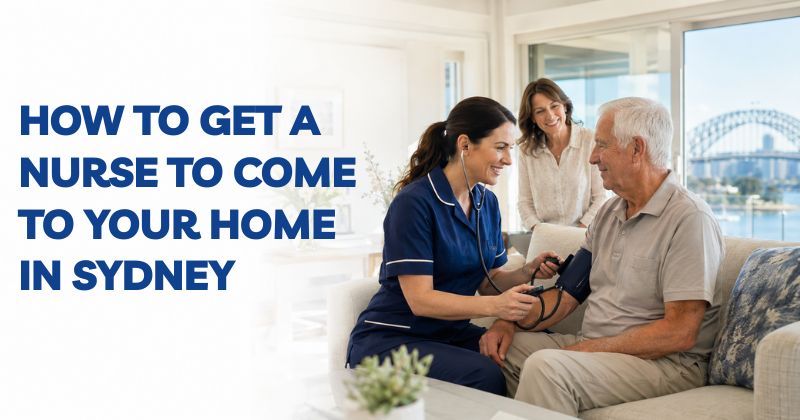 Registered nurse checking an elderly Australian man's blood pressure during a professional home nursing visit in a modern Sydney home while a family member watches with reassurance.