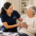 Respite care at home Sydney - professional carer supporting elderly person at home while family takes a break