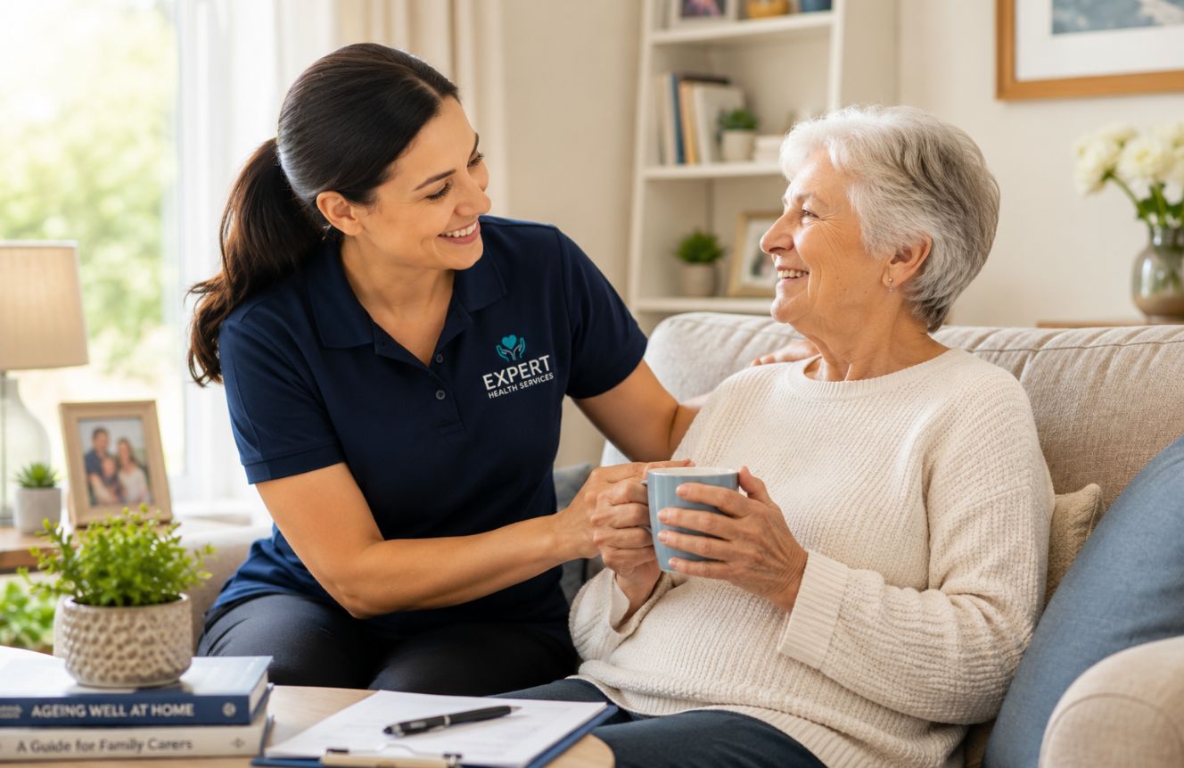 Respite care at home Sydney - professional carer supporting elderly person at home while family takes a break
