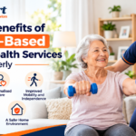 Top 5 benefits of home-based allied health services for the elderly, featuring an elderly woman receiving physiotherapy at home