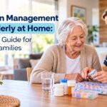 Registered nurse helping elderly patient with medication management at home in Sydney Australia