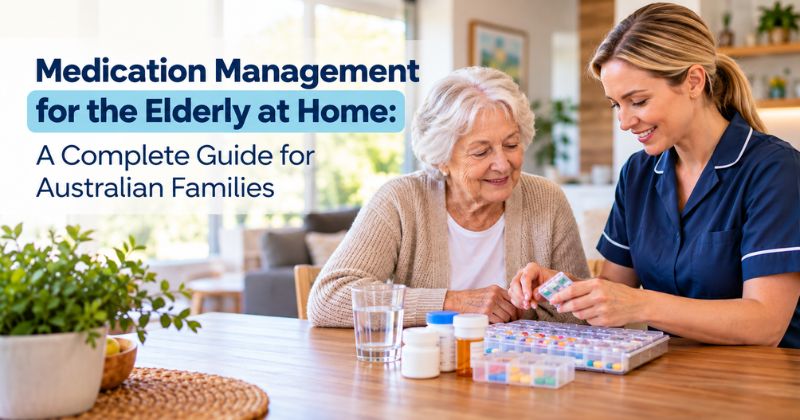 Registered nurse helping elderly patient with medication management at home in Sydney Australia