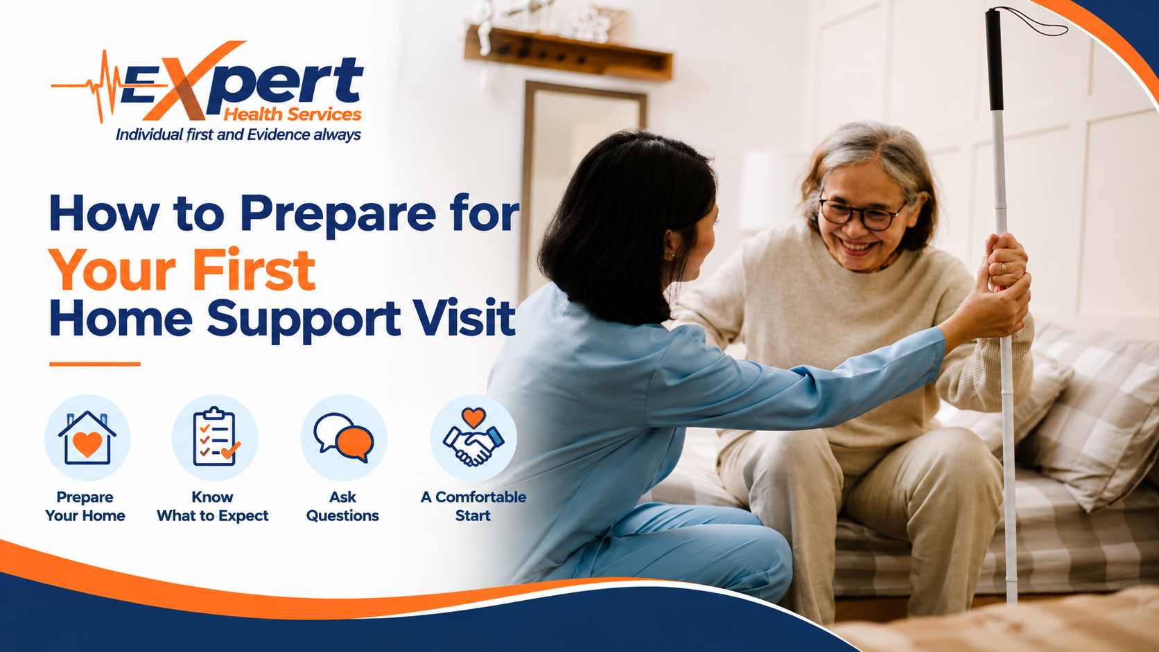 Caregiver assisting an older woman during her first home support visit in Sydney.