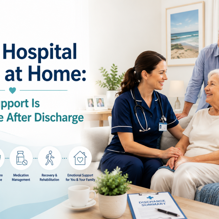 Post hospital care at home Australia - nurse visiting elderly patient at home after discharge in Sydney