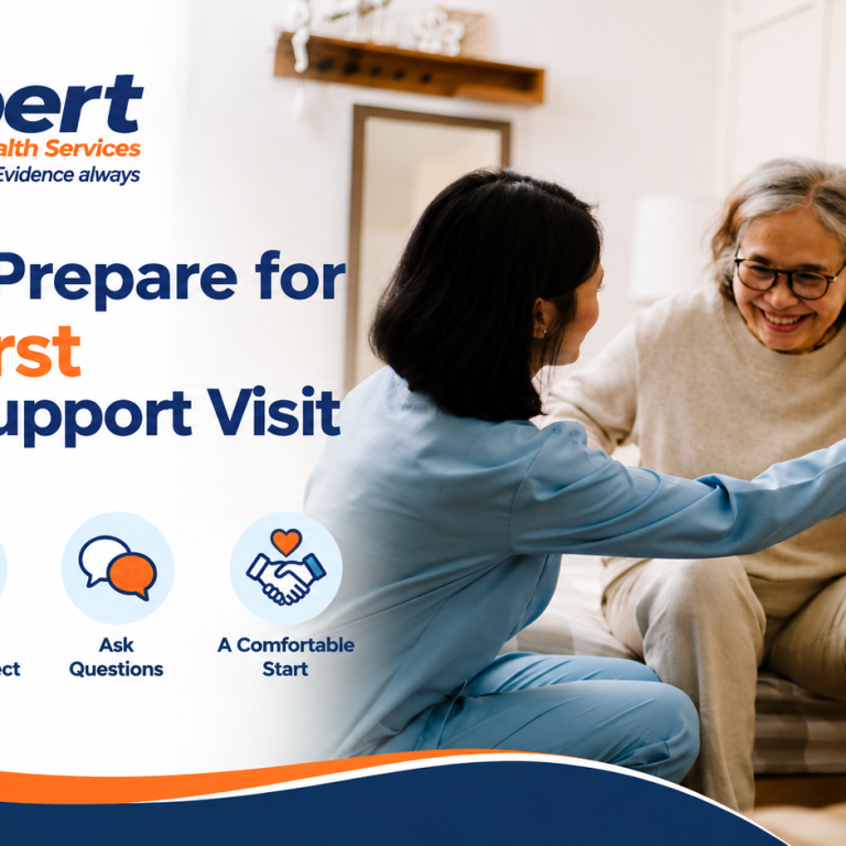 Caregiver assisting an older woman during her first home support visit in Sydney.