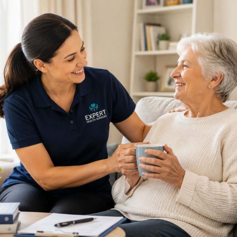 Respite care at home Sydney - professional carer supporting elderly person at home while family takes a break