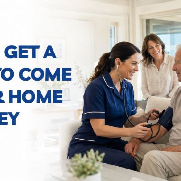 Registered nurse checking an elderly Australian man's blood pressure during a professional home nursing visit in a modern Sydney home while a family member watches with reassurance.